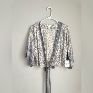 Japna Cream Floral Tie-Front Crop Top with Blue Blossoms. Cover up